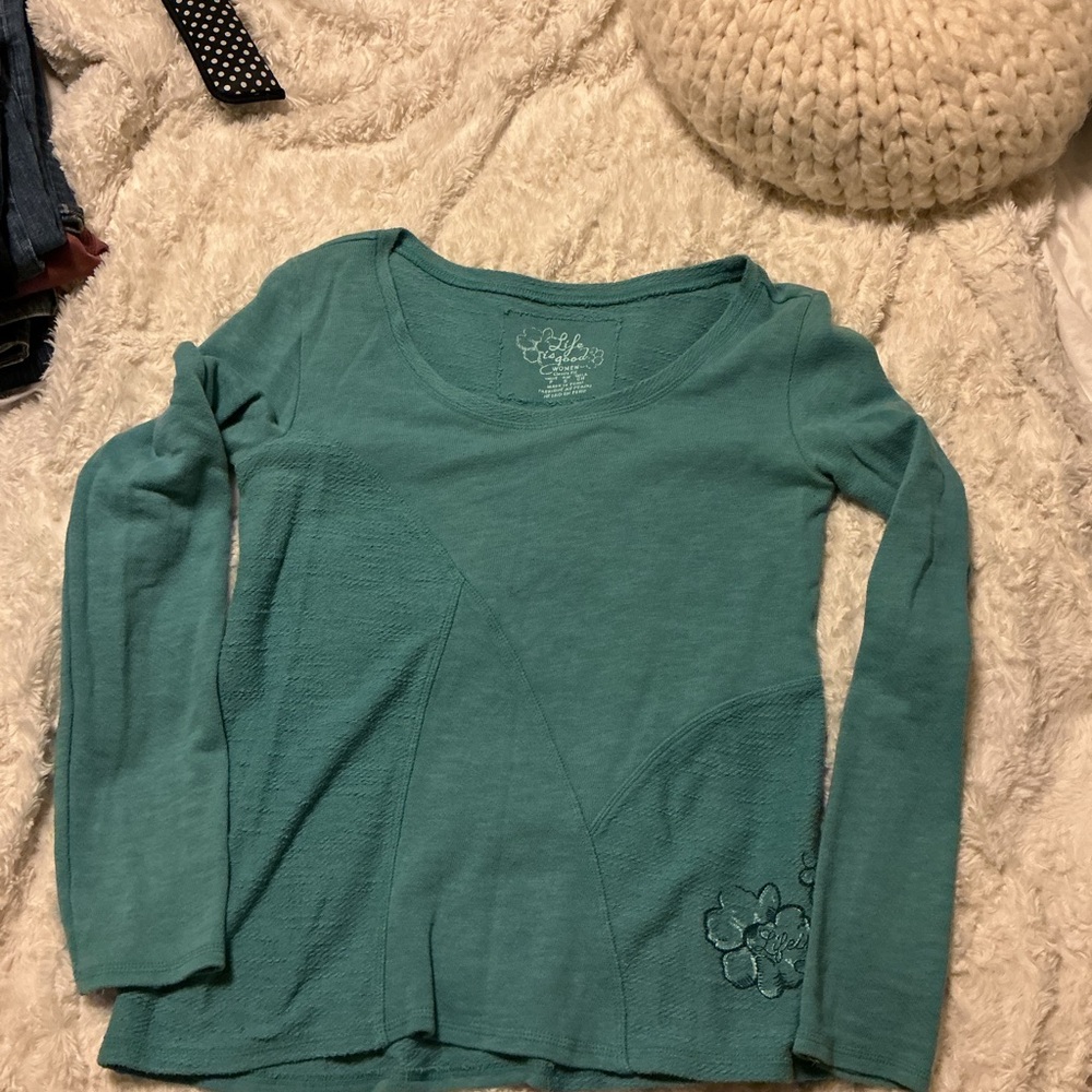 Women’s S Life Is Good Teal Long Sleeve Shirt organic cotton pullover